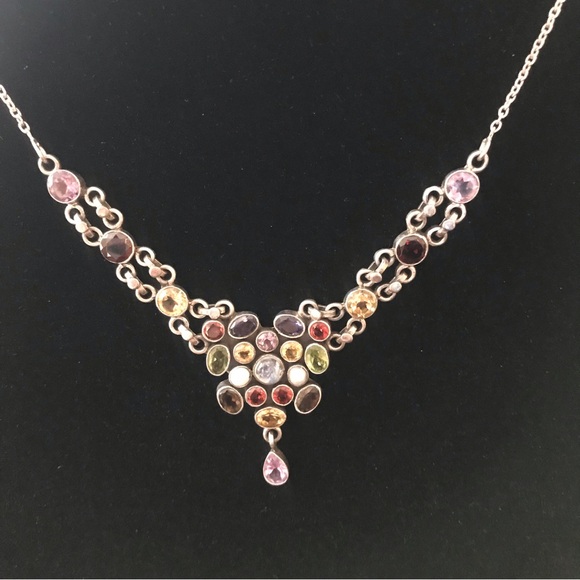 Multi Gemstone Silver Sari Bib Necklace - Picture 2 of 11